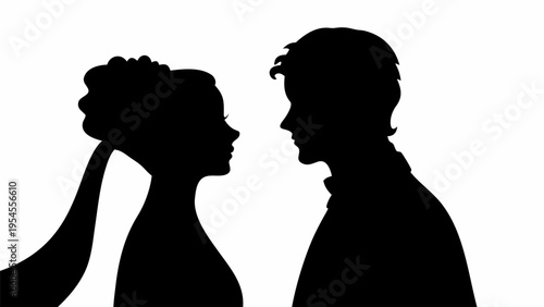 Silhouette of a Romantic Couple Facing Each Other in Love with Side Profiles and Elegant Hair Styles