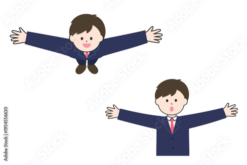 両手を広げるビジネスマン｜前からの視点と上からの視点