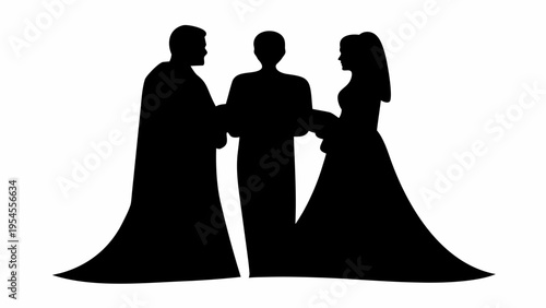 Silhouette of wedding couple shaking hands with officiant in formal attire