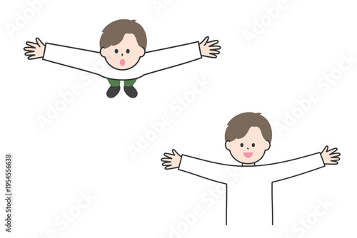 両手を広げる若い男性｜前からの視点と上からの視点