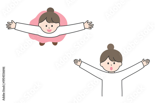 両手を広げる若い女性｜前からの視点と上からの視点