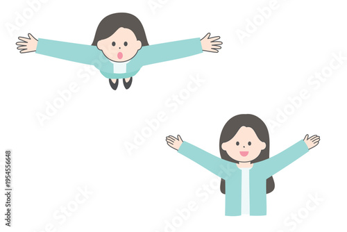 両手を広げるスーツの女性｜前からの視点と上からの視点