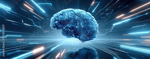 Blue digital brain floating above circuit board representing artificial intelligence, neural network and futuristic technology
