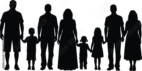 Family silhouette illustration showing parents and children holding hands together isolated on white background representing unity love and togetherness concept