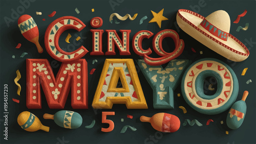 Cinco de Mayo festive vector text with sombrero and maracas