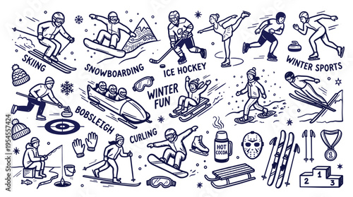 Winter sports and recreational activities doodle set with people engaging in snowy outdoor fun