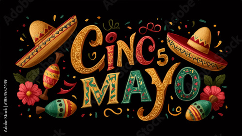 Cinco de Mayo vector illustration with sombreros and flowers