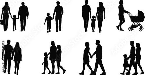 Family silhouettes set with parents and children walking together isolated on white background, happy family life concept showing love, care, parenting, childhood, and everyday people activities