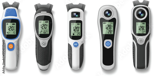 Group of modern digital thermometers including non-contact infrared and ear models with LCD screens designed for accurate health monitoring and fever detection