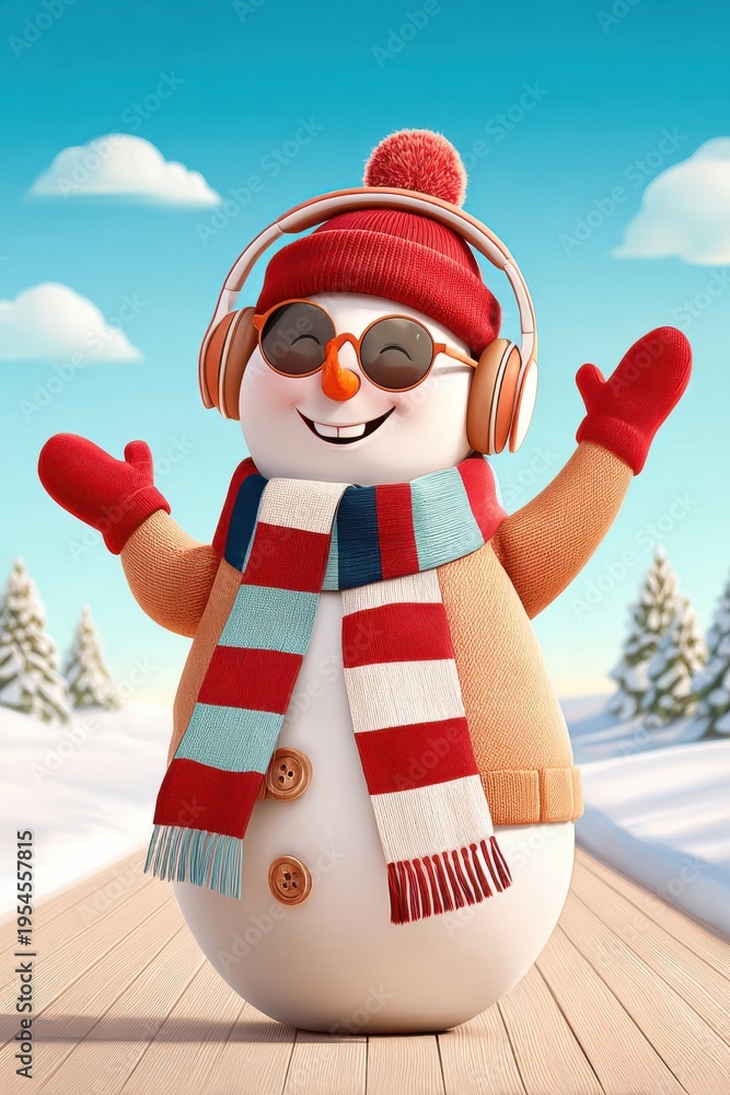 Naklejka premium Happy snowman wearing headphones and a striped scarf enjoying winter music outdoors