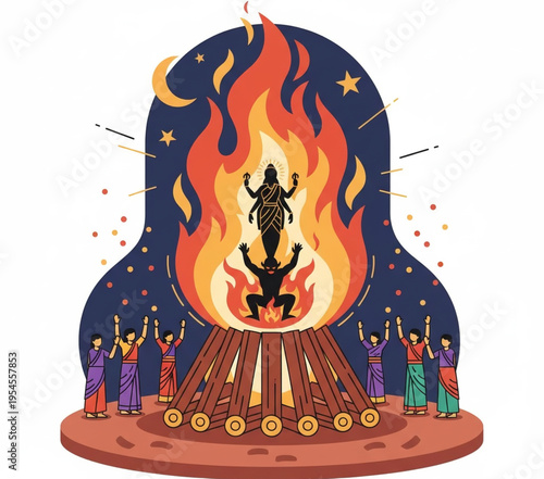 Vibrant illustration of a cultural bonfire festival, depicting the triumph of good over evil and spiritual purification, with people celebrating under a starlit night sky