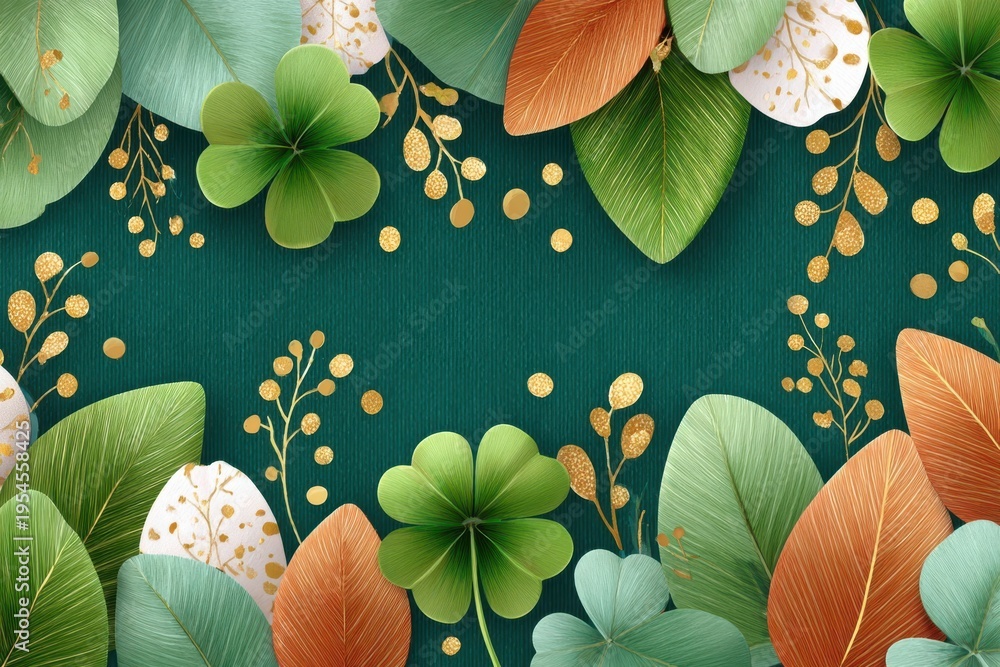 Fototapeta premium Elegant St. Patrick's Day shamrock frame with green leaves and gold accents on dark background