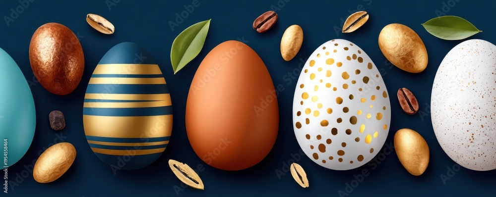 Naklejka premium Easter eggs decorated with gold accents and blue tones on a dark background for celebration