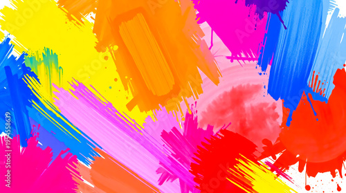 Vibrant abstract composition brushstrokes yellow, blue, pink, purple tones blended in a watercolor flow. Dynamic brushstrokes.  Brushstrokes textures, art energy. Web, media, branding, presentations