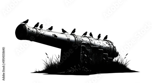 Birds Perched on Old Cannon Silhouette Conceptual Peace Illustration