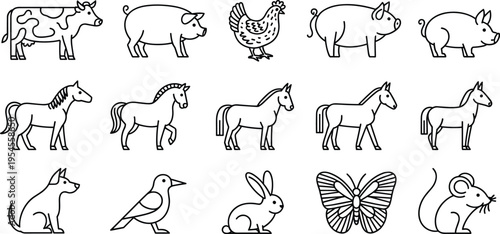 Farm and domestic animal outline icon set with cow pig chicken horse dog bird rabbit butterfly mouse vector illustration collection