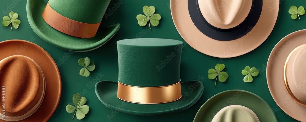Fototapeta premium St. Patrick's Day background with green top hats, shamrocks and festive leprechaun style