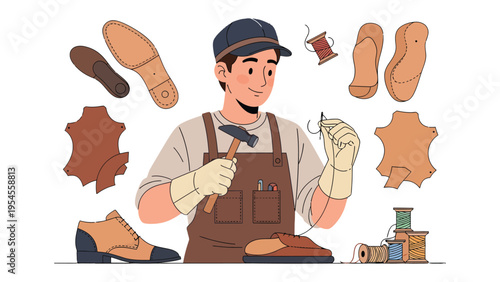 Artisan's Craft: An illustration of a skilled craftsman, carefully shaping leather into footwear. He expertly hammers and sews, surrounded by essential tools and components.