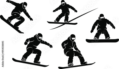 Snowboarding and skiing silhouettes, active winter sports athletes, extreme mountain jumping, downhill snowboarders and skier vector illustration on white.