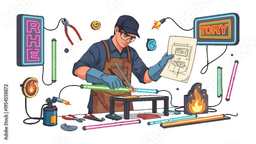 Neon Light Craftsman: A skilled artisan meticulously crafts neon signs, surrounded by tools and elements that bring vibrant illumination to life, the image reflects expertise and creativity