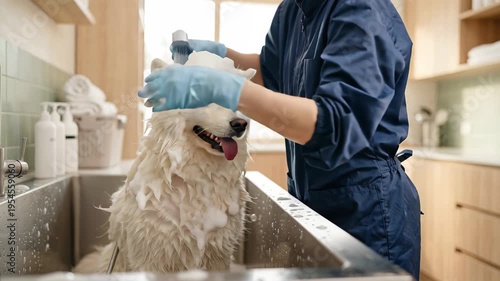 Dog being washed in sink with water and shampoo, pet grooming concept, animal hygiene, domestic care, indoor scene.