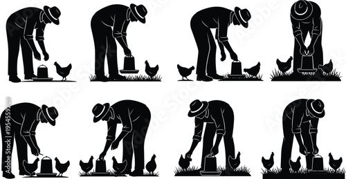 Farmer feeding chickens silhouette set in rural farm scenes with poultry care actions isolated on white flat vector illustration