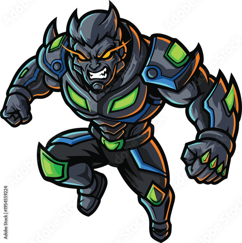 A muscular cartoon creature with sharp claws and teeth runs forward wearing futuristic armor.