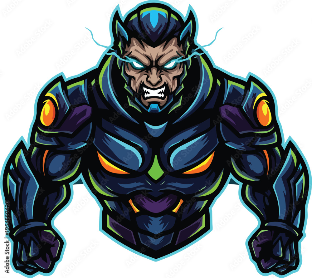 Fototapeta premium A muscular, robotic creature with glowing eyes charges forward aggressively.