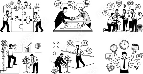 Line art vector set of business concepts including teamwork, risk management and multitasking