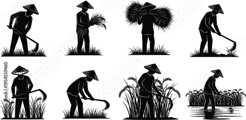 Farmer silhouette set working in rice field with traditional hat, agricultural labor scenes illustrating rural farming lifestyle and cultivation process