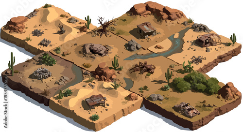 Isometric desert wasteland game tiles, post-apocalyptic wilderness landscape with ruins and cactus, modular arid environment vector set isolated PNG with Transparent Background