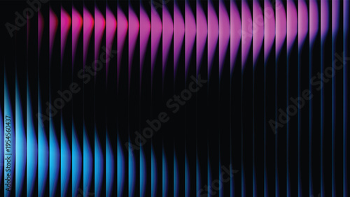 Abstract dark background with glowing blue pink neon gradient stripes and vertical rhythmic lines. Vector illustration