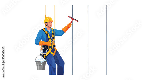 Window Washer in Action: A dedicated window washer, suspended by safety harnesses, meticulously cleans a towering building. The image showcases precision, care.