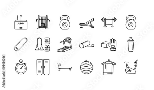 Minimal line gym equipment icon set vector with fitness workout tools in modern outline style isolated on white