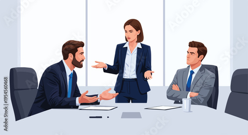Illustration of a businesswoman presenting to two colleagues in a modern office meeting room with a professional mood.
