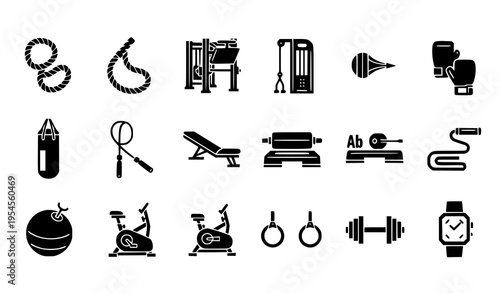 Bold gym equipment silhouette icons vector set with workout training symbols for fitness and bodybuilding design