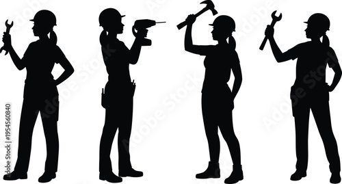 Female construction worker silhouette icon set featuring women holding tools like drill, hammer, and wrench, black industrial labor figures isolated on white background for design use