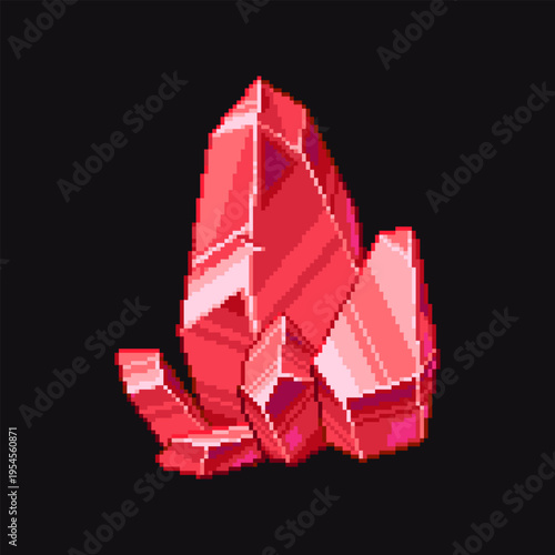 8 bit pixel red crystal with faceted gemstone shape. Stylized mineral object used as treasure, collectible item, or decorative element in retro game graphics. Vector illustration.