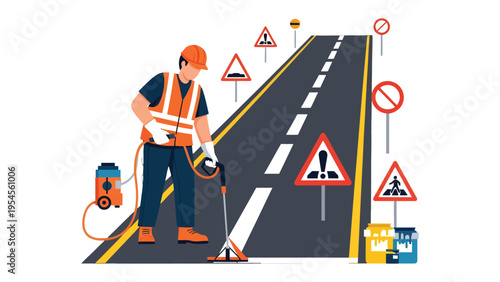 Road Maintenance: A road worker diligently maintains a stretch of highway, surrounded by an array of traffic signs, highlighting the importance of road safety and infrastructure.