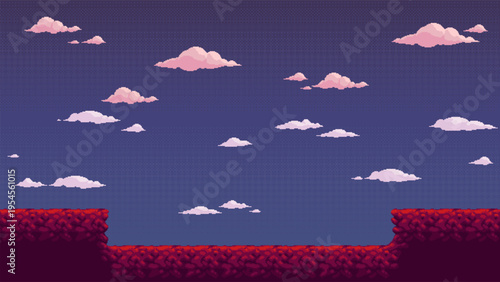 Retro 8 bit pixel landscape with clouds and rocky platforms. Side view game environment inspired by classic arcade platform games. Stylized seamless scene for level design and game assets, vector illu