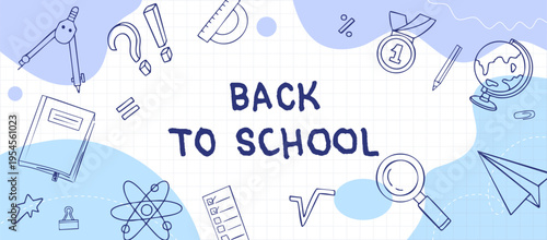 Back to School doodle banner with science, sports and snack icons on blue grid paper background
