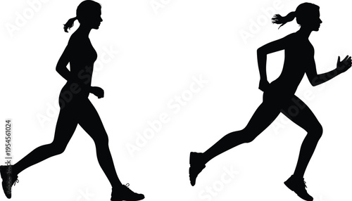 Female runner silhouette set showing jogging and sprinting woman in motion, fitness training, healthy lifestyle, workout exercise concept isolated on white background illustration