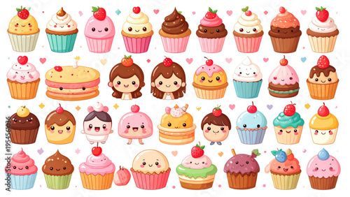 Kawaii Sweet Dessert Character Collection Featuring Cupcakes Macarons and Pudding with Cute Facial Expressions and Strawberry Topping Vector