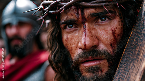 Jesus Christ in a crown of thorns carries a cross. The biblical Christian concept.