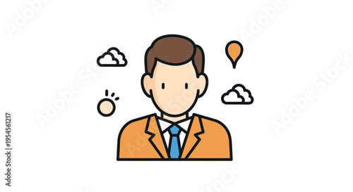 A cartoon businessman thinks under sunny and cloudy weather conditions.