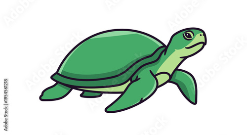 An illustration of a green turtle swimming in the ocean with a coral reef