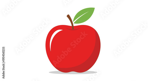 A vibrant red apple with a green leaf on a white background