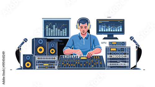 Sound Engineer at Work: A skilled sound engineer concentrates intently at his mixing console amidst a studio setup with speakers, microphones and monitoring screens.