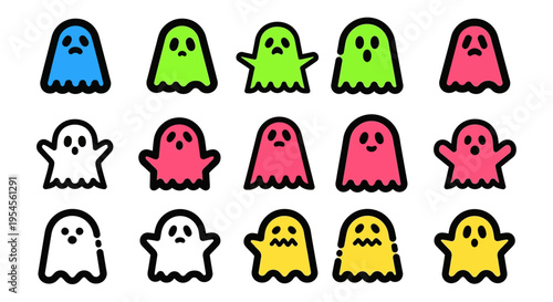 Expressive collection of cute cartoon ghost icons, depicting various emotions from happy to sad, perfect for Halloween, spooky designs, or versatile graphic elements