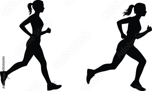 Female running silhouette pair showing jogging and sprinting athlete in motion, fitness workout training, healthy lifestyle, cardio exercise concept isolated on white background illustration